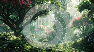 A fusion of nature and technology in a pixelated forest