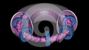 Fusion reactor . Stellarator style . Solid and wireframe representation . Inner coils with glowing plasma. 3d rendering illustrati