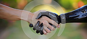 Fusion of technology and humanity close up of woman and robot shaking hands on blurred background