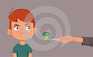 Little Boy Refusing to Eat Broccoli Vector Cartoon Illustration