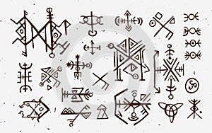 Futhark norse islandic and viking runes set. Magic hand draw symbols as scripted talismans. Vector set of ancient runes