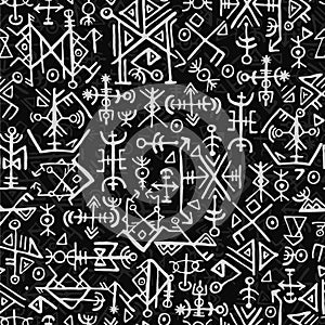 Futhark norse islandic and viking symbol seamless pattern. Magic hand draw symbols as scripted talismans repeatable