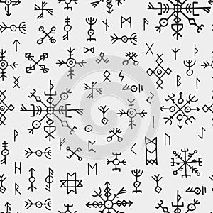 Futhark norse viking runes and talismans. Nordic pagan awe seamless vector pattern
