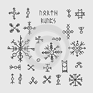 Futhark norse viking runes and talismans. Nordic pagan vector occult symbols for tattoo photo