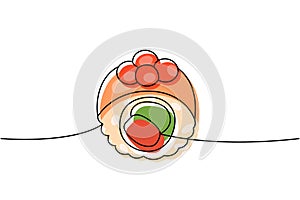 Futomaki, philadelphia sushi roll one line colored continuous drawing. Japanese cuisine, traditional food continuous one