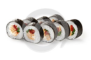 Futomaki rolls with baked salmon on white background