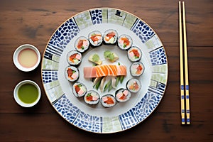 futomaki rolls cut and arranged in a circular pattern on plate