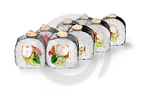 Futomaki rolls with shrimp, tomatoes, scallions, lettuce and yaki sauce