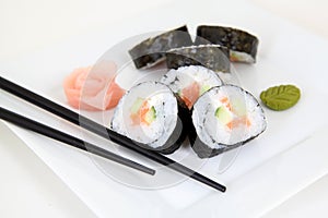 Futomaki, salmon and avocado. Traditional japanese sushi rolls