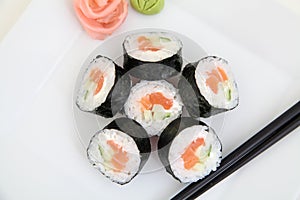 Futomaki, salmon. Traditional japanese sushi rolls