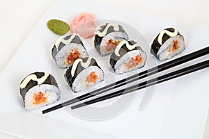 Futomaki with salmon. Traditional japanese sushi rolls