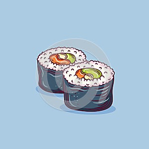 Futomaki sushi roll containing salmon meat, sweat pepper rice, caviar, avocado, cucumber on a white background. Japanese