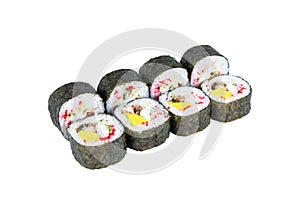 Futomaki Sushi Roll servwed on light background. Maki roll with unagi eel, mango, avocado, flying fish roe tobiko caviar and Phi