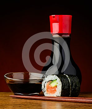 Futomaki sushi roll and soy sauce