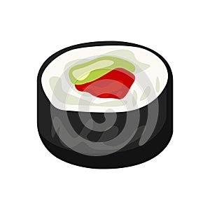 Futomaki with tuna and avocado illustration in color cartoon style. Editable vector graphic design.