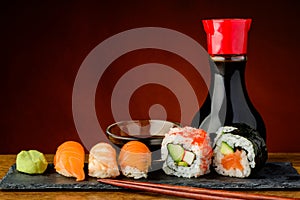 Futomaki, uramaki and nigiri sushi photo