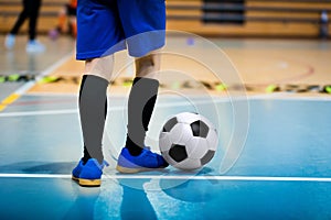 Futsal Junior Player on Indoor Training. Soccer Winter Class at School Indoor Futsal Court.