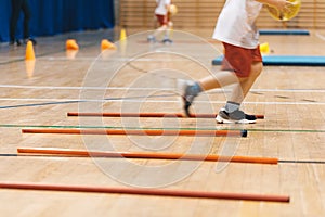 Futsal training field. Indoor football practice for children. Indoor soccer training during the winter