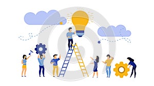 Future ahead with man, woman and light bulb vector concept illustration. Business ladder career job challenge. Journey beginning