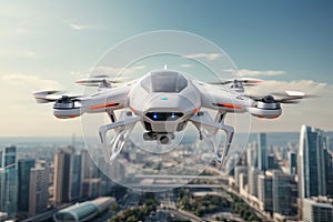 Future of Air Transportation: Futuristic Manned Passenger Drone Soaring Over Modern City.
