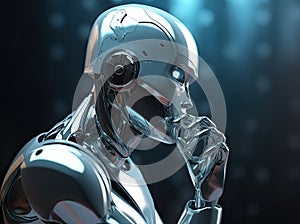 The future is already here. Portrait of humanized robot thinking. Generative AI