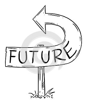 Future Arrow Sign Bent Backward, Showing Wrong Direction, Moving Back to Past Again, Repeating History. Vector Cartoon