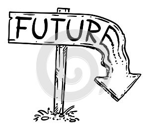 Future Arrow Sign Melted and Pointing Down, Not Forward. Concept of No Future, End of Civilization or Time photo
