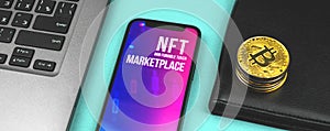 Future of art with NFT crypto art marketplace, technology blockhain investment business and finance concept banner with