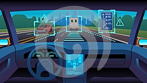 Future autonomous vehicle. Driverless car interior futuristic autonomous autopilot sensor system gps road, cartoon photo