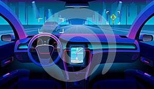 Future autonomous vehicle, driverless car interior with obstacles and night landscape outside. Futuristic car assistant