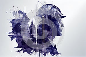 Future building construction engineering project concept with double exposure graphic design.