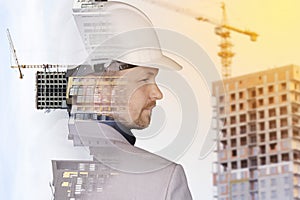 Future building construction engineering project concept with double exposure graphic design. Building engineer, architect people