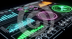 Future Business Intelligence Dashboard with Abstract Glowing Data Graphs on Dark Background
