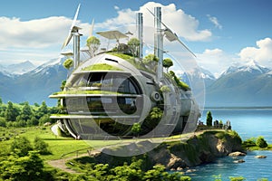 Future city. 3D render of a futuristic city with wind turbines, Eco alternative electricity power system, AI Generated