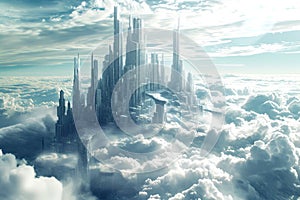 future city floating in the clouds. futuristic city with tall buildings.