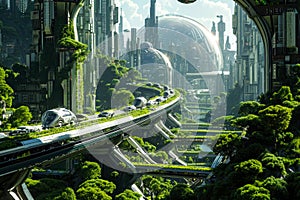 future city. futuristic, green city with tall buildings. smart, technological city.