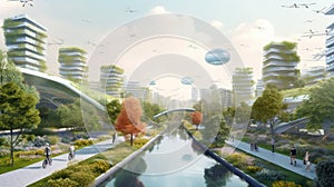 Future city with green buildings, solar panels, a park with trees, pond, people walking/cycling, and renewable energy-powered