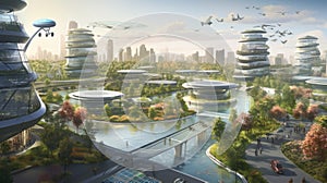 Future city with green buildings, solar panels, a park with trees, pond, people walking/cycling, and renewable energy-powered