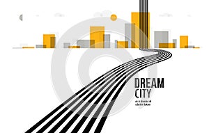 Future city on a horizon with highway road fast going to it vector abstract background, metropolis skyline with speed highway,