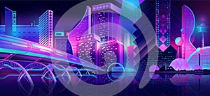 Future city night landscape neon cartoon vector