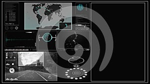 Future concept virtual touch user interface HUD with a world map, graphs, hologram and plexus.