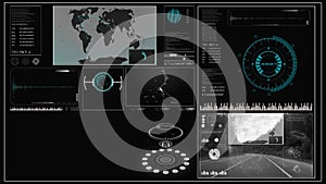 Future concept virtual touch user interface HUD with a world map, graphs, hologram and plexus.