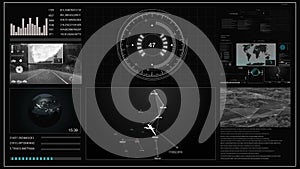 Future concept virtual touch user interface HUD with a world map, graphs, hologram and plexus.