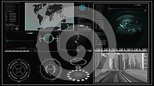 Future concept virtual touch user interface HUD with a world map, graphs, hologram and plexus.