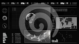 Future concept virtual touch user interface HUD with a world map, graphs, hologram and plexus. Interactive screen with