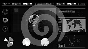 Future concept virtual touch user interface HUD with a world map, graphs, hologram and plexus. Interactive screen with