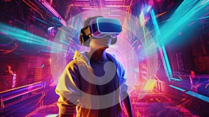 Future digital technology metaverse game and entertainment, teenager having fun play VR virtual reality goggle, generative ai