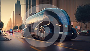 Future electric city bus on the road in the city. Generative AI