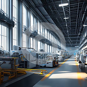 Future factory. Smart industry. Modern futuristic factory producing vehicles. Generative AI
