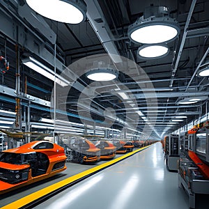 Future factory. Smart industry. Modern futuristic factory producing vehicles. Generative AI